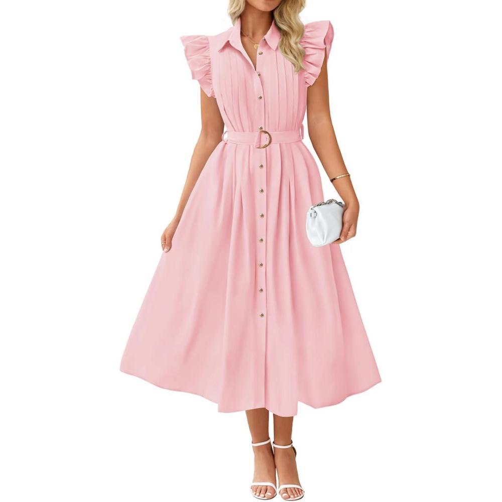 imageZESICA Womens Summer Button Midi Dresses 2026 Flutter Short Sleeve Belted Business Casual Work Long Dresses with PocketsPink