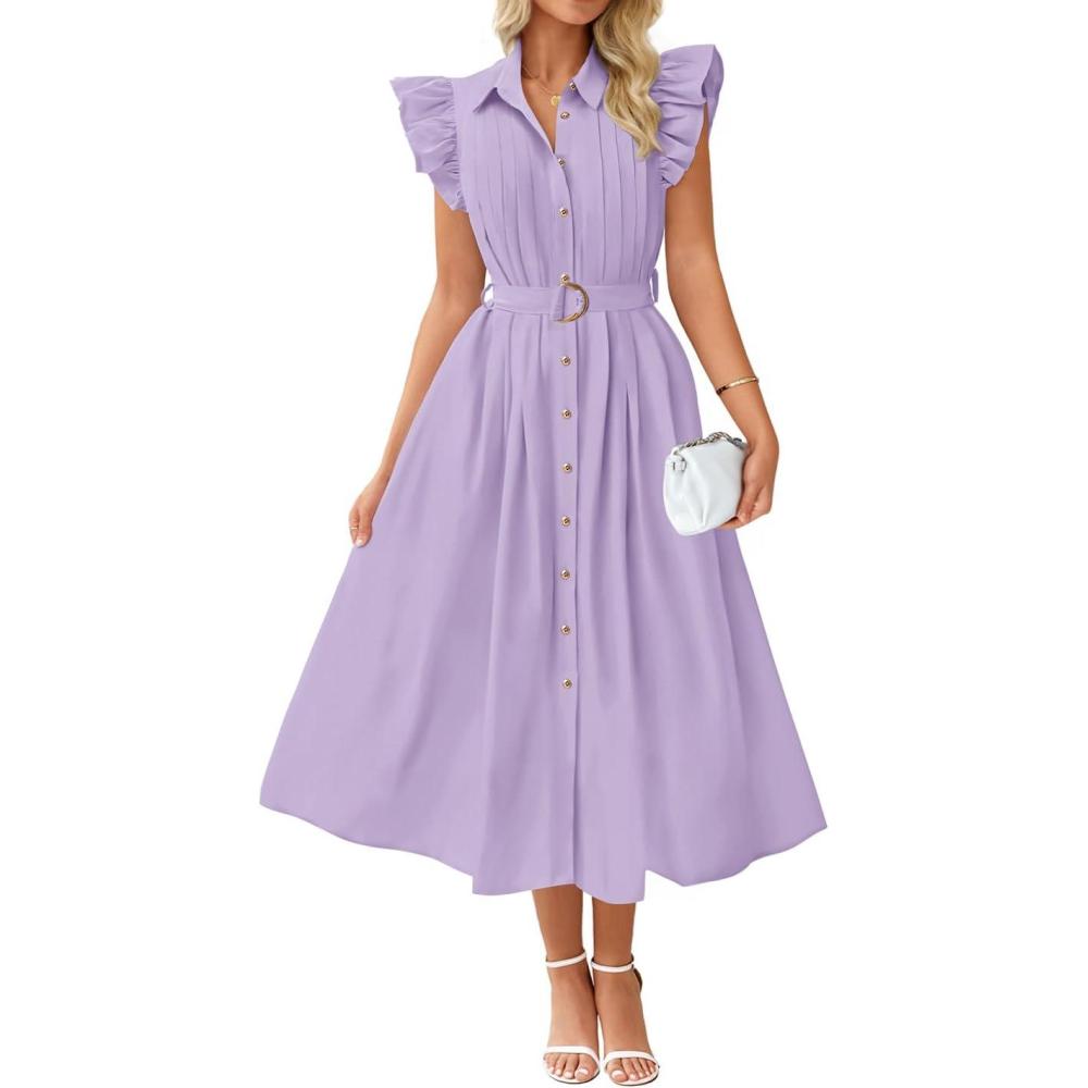 imageZESICA Womens Summer Button Midi Dresses 2026 Flutter Short Sleeve Belted Business Casual Work Long Dresses with PocketsPurple