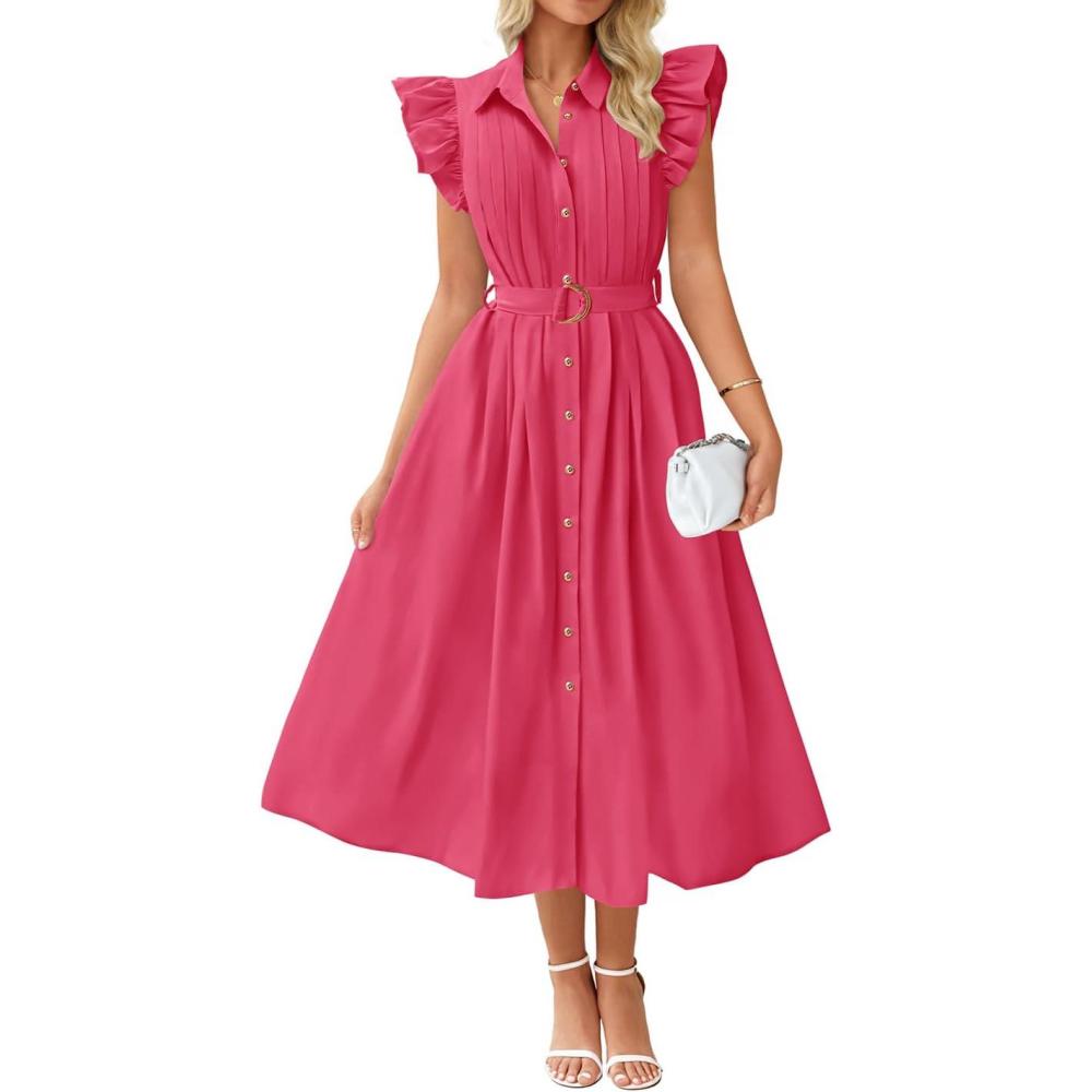 imageZESICA Womens Summer Button Midi Dresses 2026 Flutter Short Sleeve Belted Business Casual Work Long Dresses with PocketsRose Pink