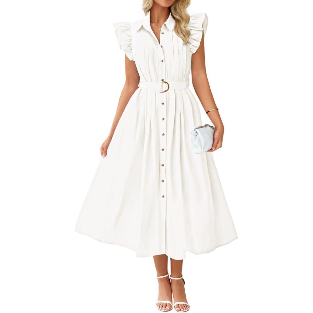 imageZESICA Womens Summer Button Midi Dresses 2026 Flutter Short Sleeve Belted Business Casual Work Long Dresses with PocketsWhite
