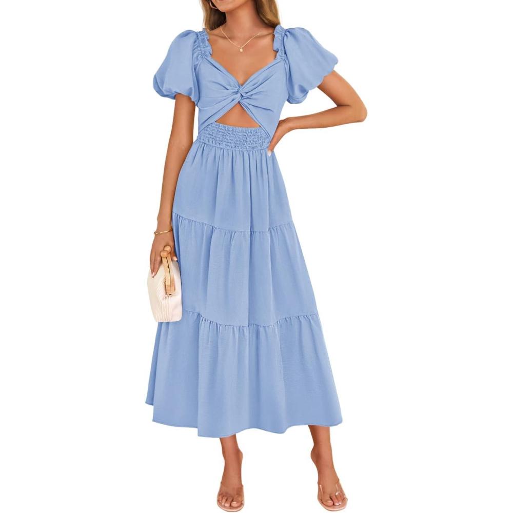 imageZESICA Womens Summer Casual Flowy Vacation Maxi Dress 2026 Short Puff Sleeve A Line Smocked Cutout Beach Party DressesLight Blue