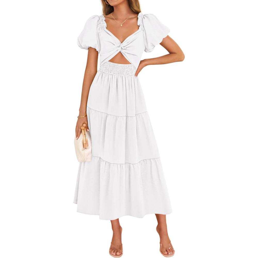 imageZESICA Womens Summer Casual Flowy Vacation Maxi Dress 2026 Short Puff Sleeve A Line Smocked Cutout Beach Party DressesWhite