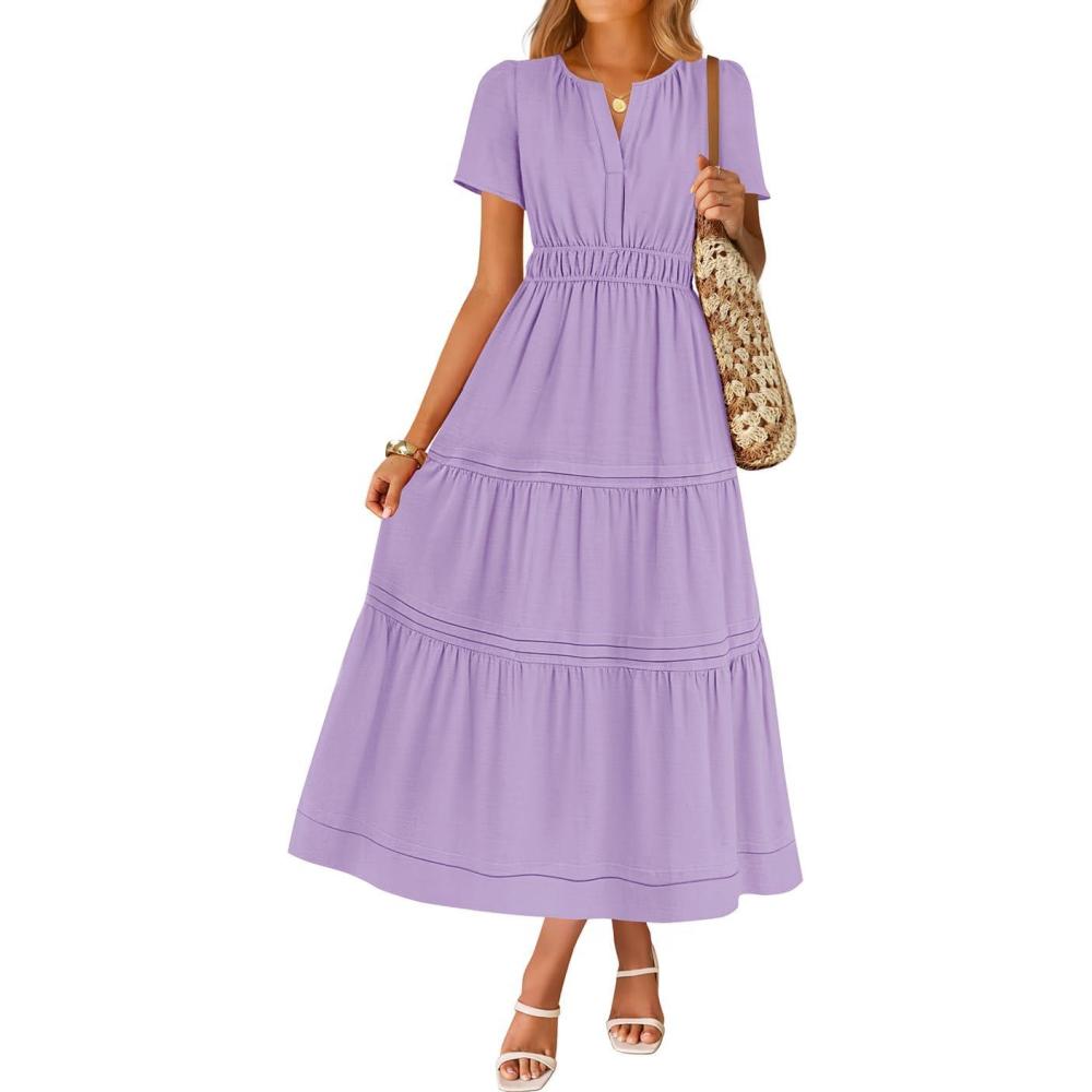 imageZESICA Womens Summer Casual Short Sleeve Midi Dresses 2026 V Neck Elastic Waist Tiered Flowy Boho Dress with Pocket