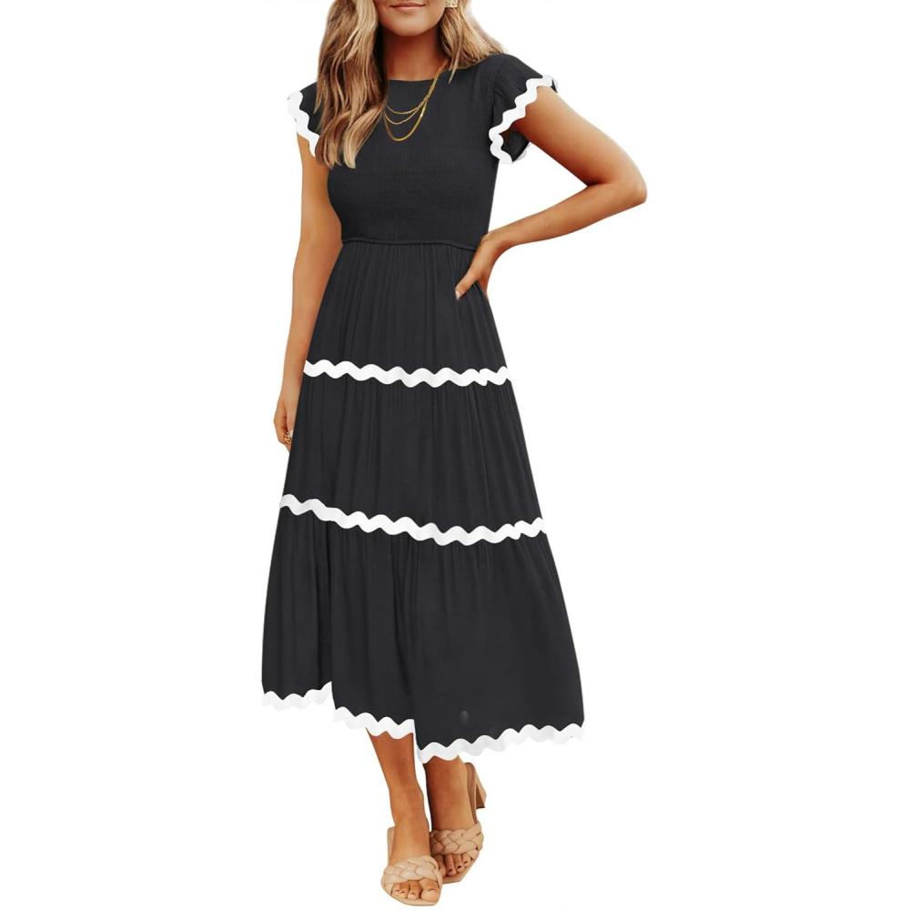 imageZESICA Womens Summer Casual Smocked Midi Dress 2026 Flutter Short Sleeve High Waist Tiered Flowy Boho Vacation DressesBlack