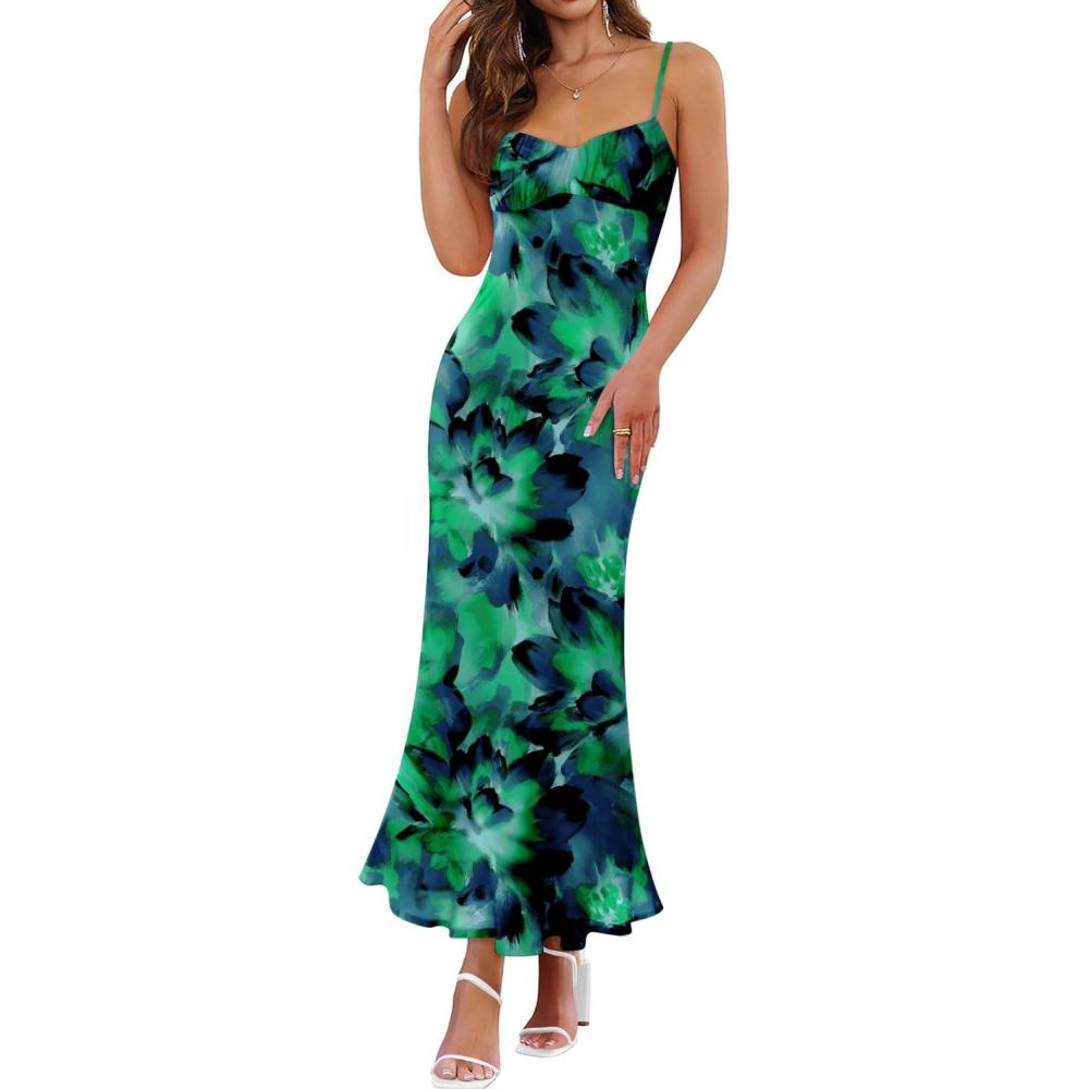 imageZESICA Womens Summer Floral Spaghetti Straps Maxi Dress 2026 Sleeveless Square Neck Bodycon Beach Boho Long DressesGreen