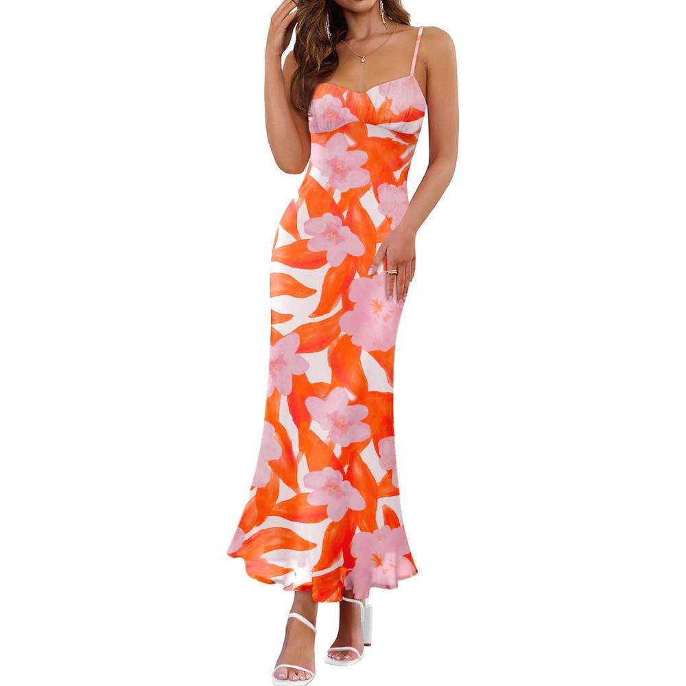 imageZESICA Womens Summer Floral Spaghetti Straps Maxi Dress 2026 Sleeveless Square Neck Bodycon Beach Boho Long DressesOrange