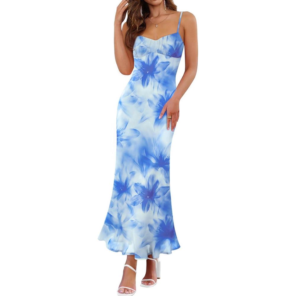 imageZESICA Womens Summer Floral Spaghetti Straps Maxi Dress 2026 Sleeveless Square Neck Bodycon Beach Boho Long DressesSky Blue