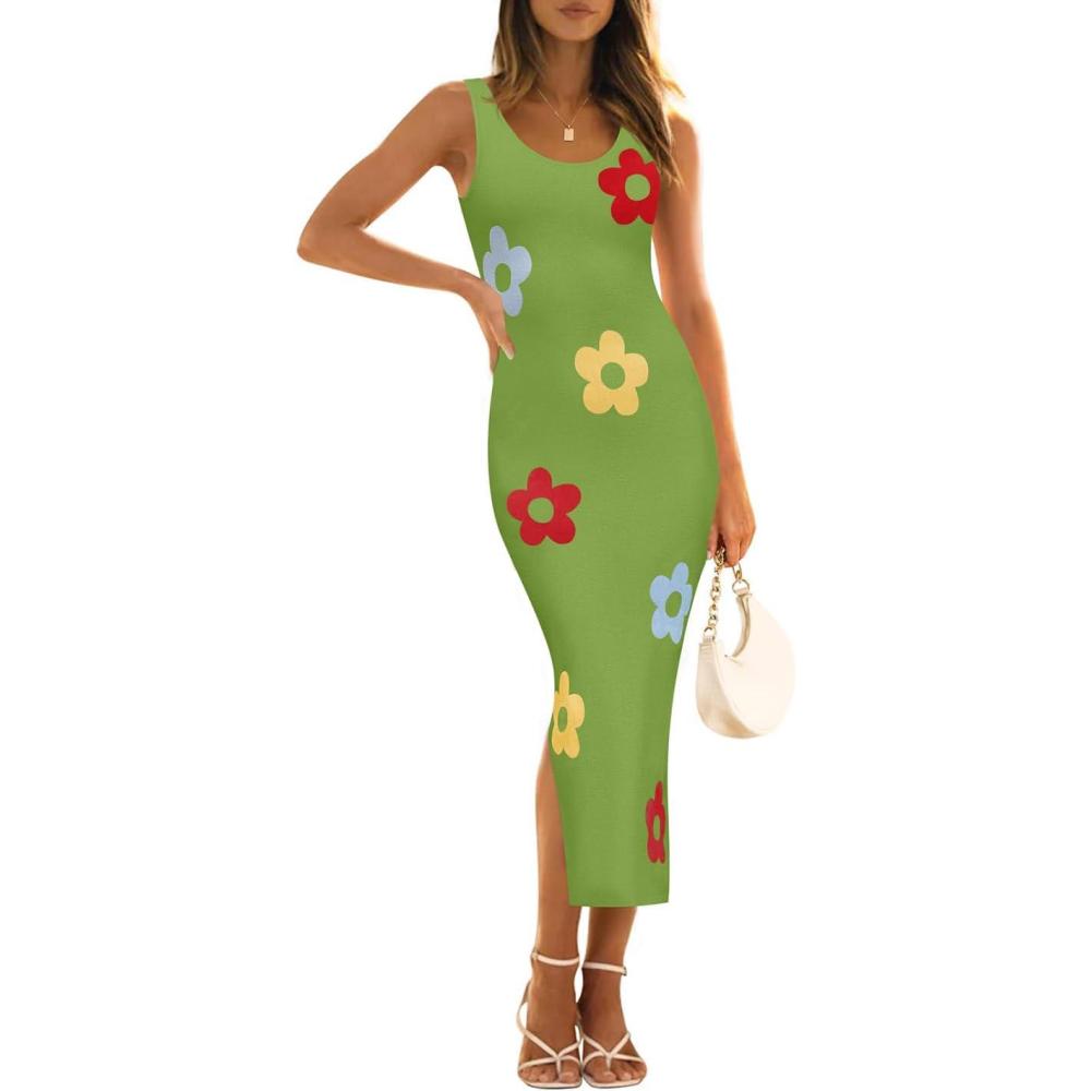 imageZESICA Womens Summer Knit Bodycon Midi Dress 2026 Sleeveless Floral Crewneck Color Block Long Beach Party DressesGreen
