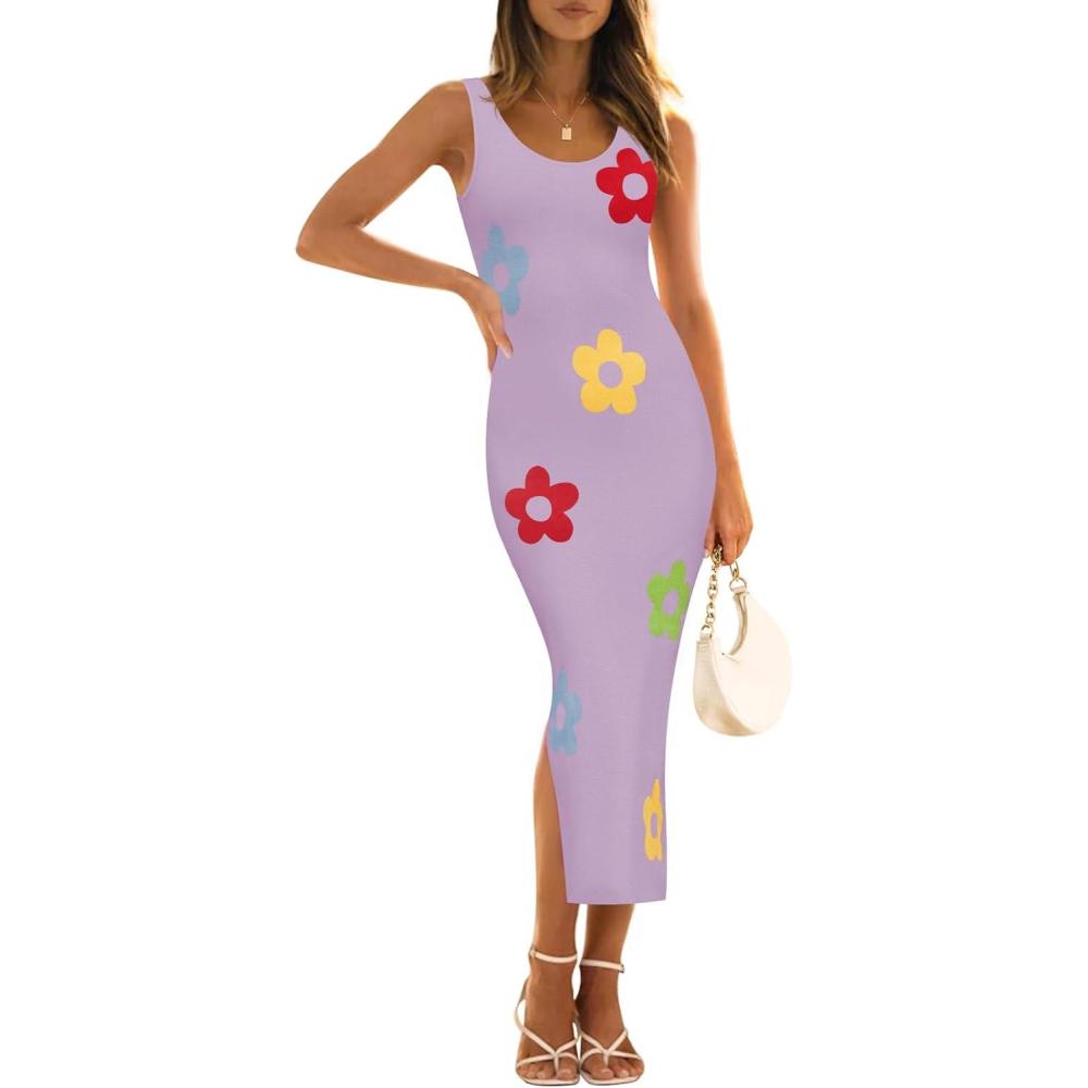 imageZESICA Womens Summer Knit Bodycon Midi Dress 2026 Sleeveless Floral Crewneck Color Block Long Beach Party DressesPurple