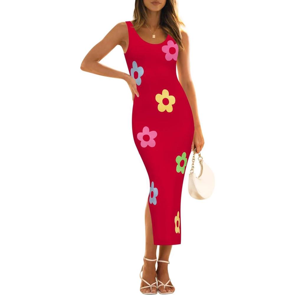 imageZESICA Womens Summer Knit Bodycon Midi Dress 2026 Sleeveless Floral Crewneck Color Block Long Beach Party DressesRed