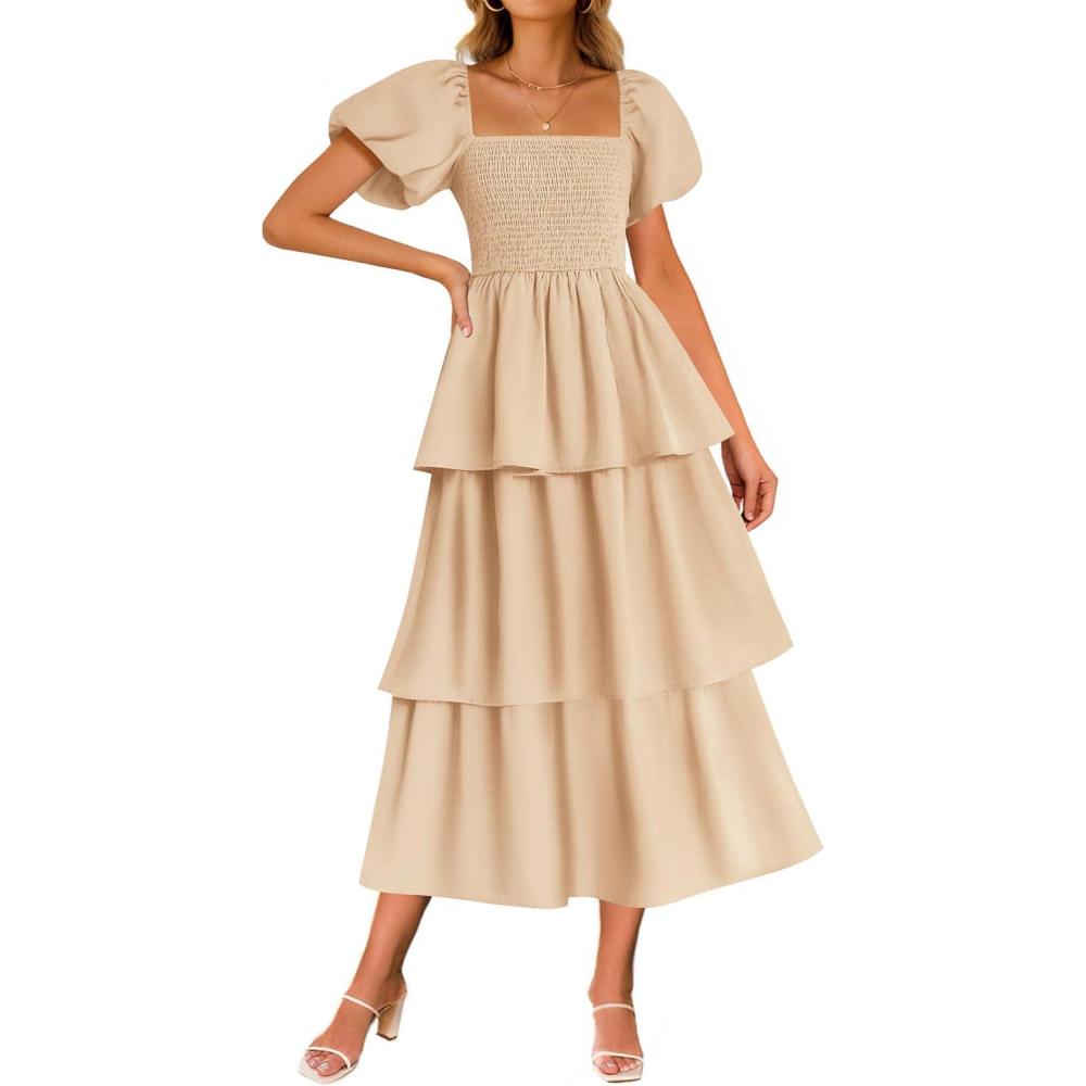 imageZESICA Womens Summer Puff Sleeve Midi Dress 2026 Casual Flowy A Line Tiered Wedding Guest Beach Vacation Long DressesApricot