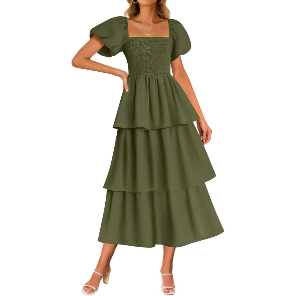 imageZESICA Womens Summer Puff Sleeve Midi Dress 2026 Casual Flowy A Line Tiered Wedding Guest Beach Vacation Long DressesArmy Green