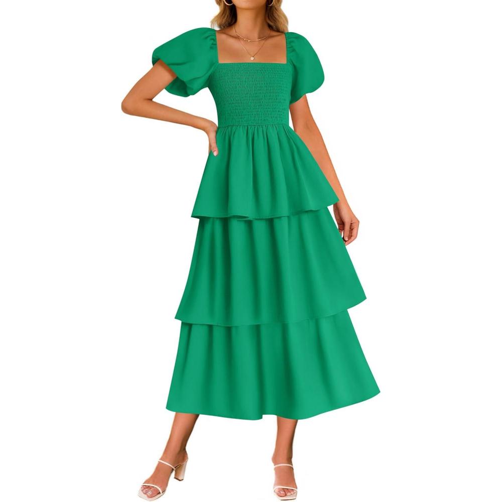 imageZESICA Womens Summer Puff Sleeve Midi Dress 2026 Casual Flowy A Line Tiered Wedding Guest Beach Vacation Long DressesGreen