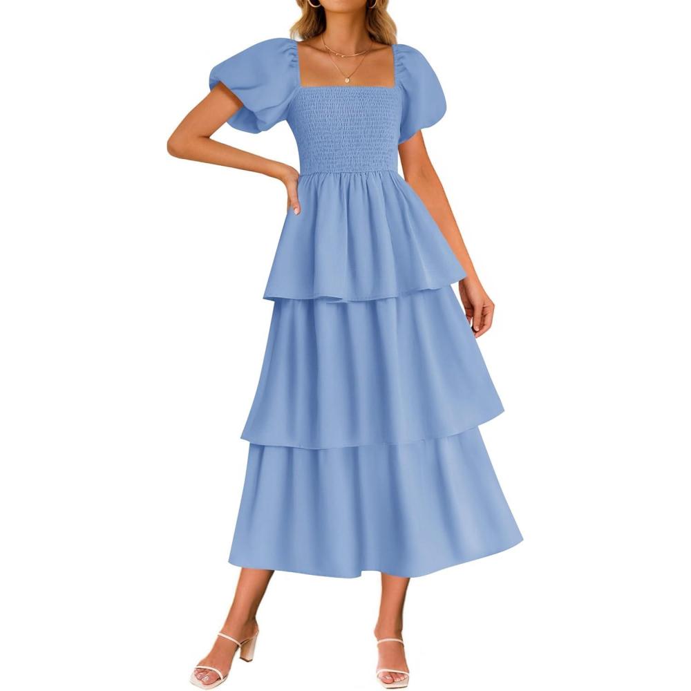 imageZESICA Womens Summer Puff Sleeve Midi Dress 2026 Casual Flowy A Line Tiered Wedding Guest Beach Vacation Long DressesLight Blue