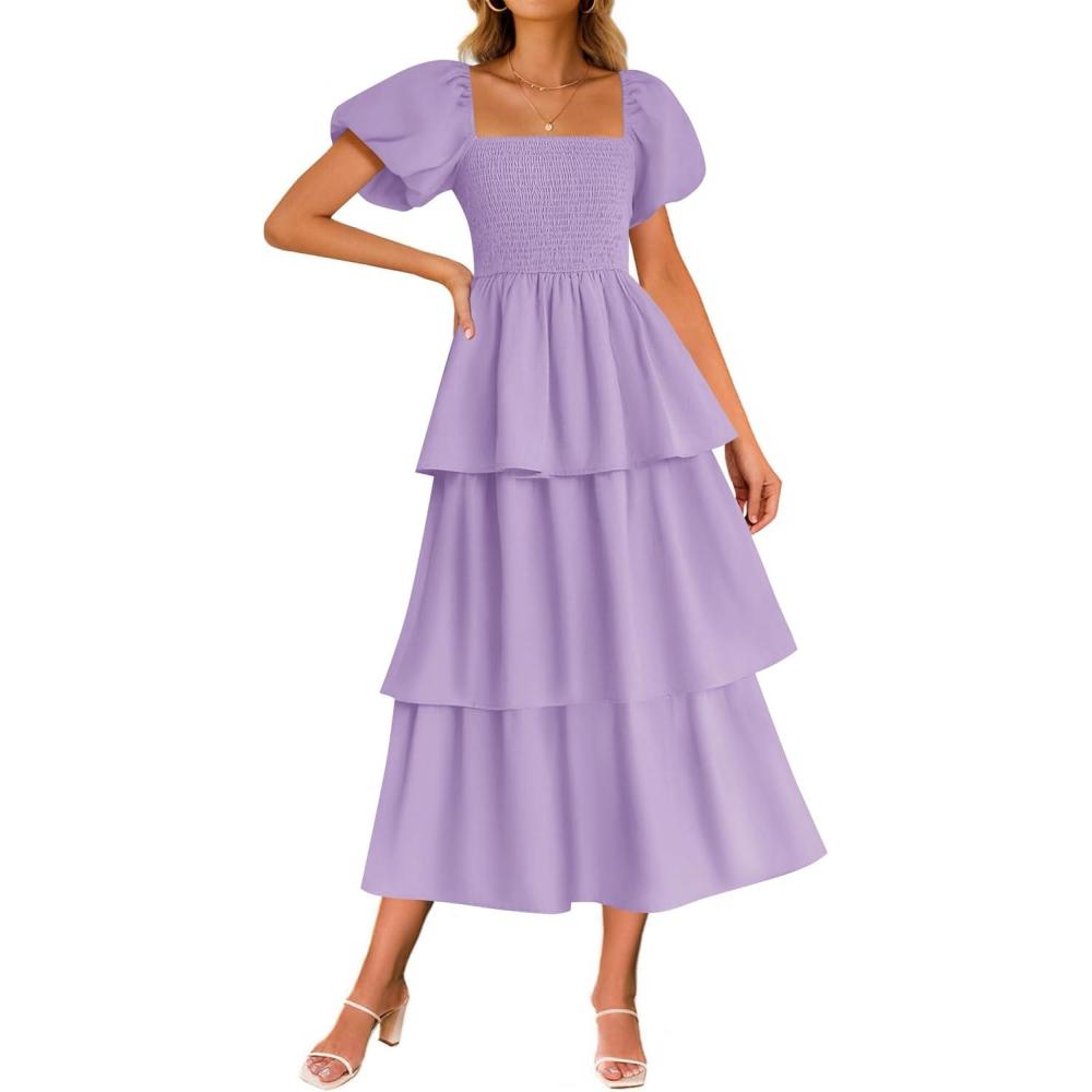 imageZESICA Womens Summer Puff Sleeve Midi Dress 2026 Casual Flowy A Line Tiered Wedding Guest Beach Vacation Long DressesPurple