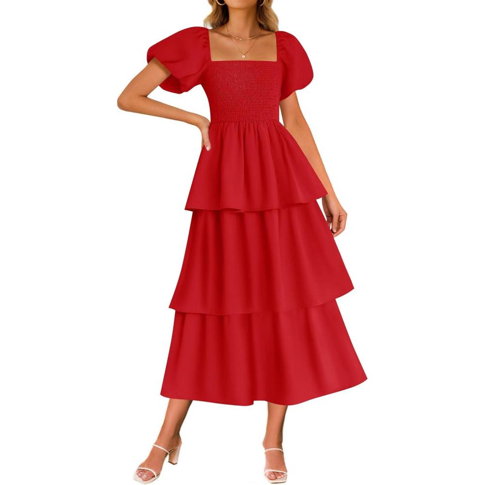 imageZESICA Womens Summer Puff Sleeve Midi Dress 2026 Casual Flowy A Line Tiered Wedding Guest Beach Vacation Long DressesRed
