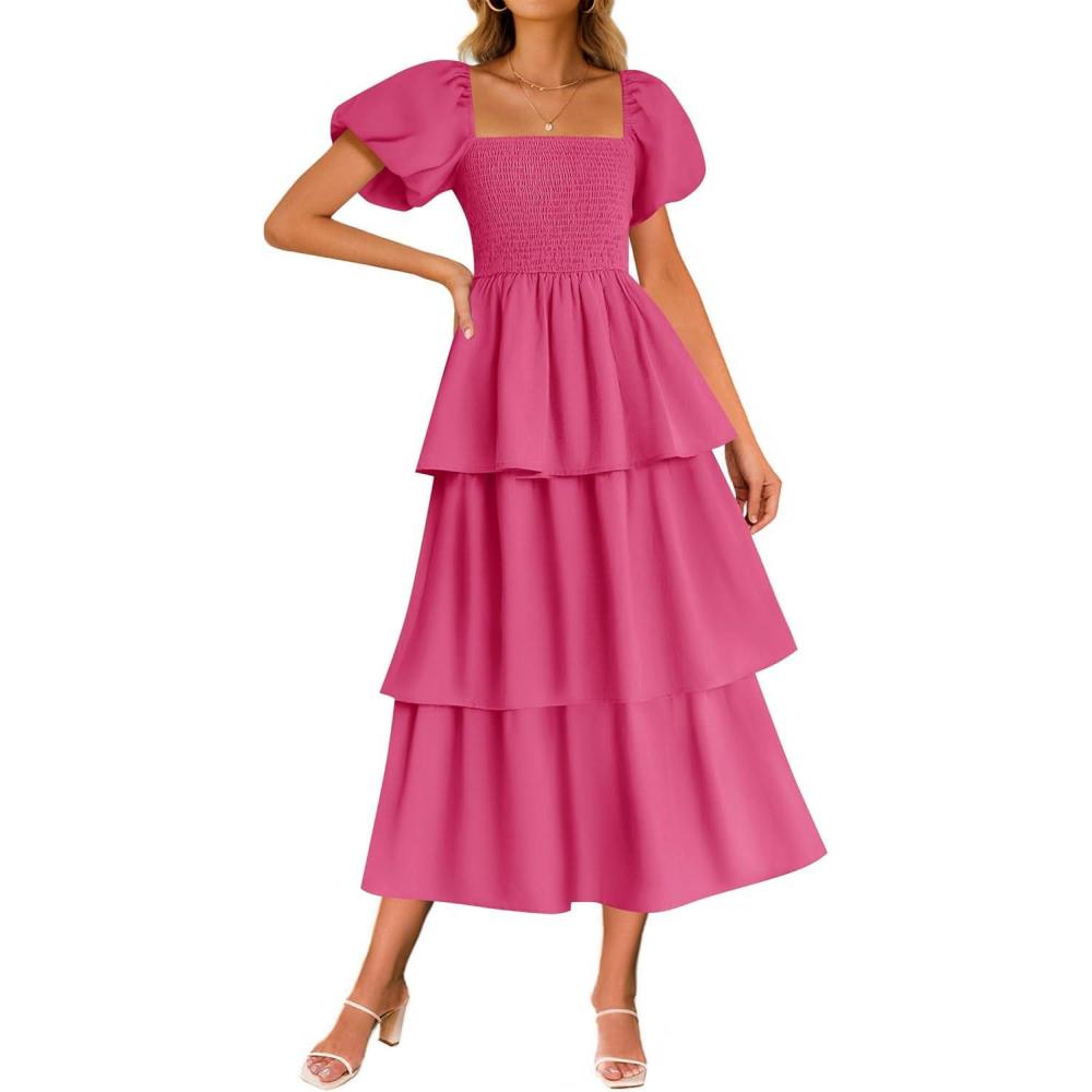 imageZESICA Womens Summer Puff Sleeve Midi Dress 2026 Casual Flowy A Line Tiered Wedding Guest Beach Vacation Long DressesRose