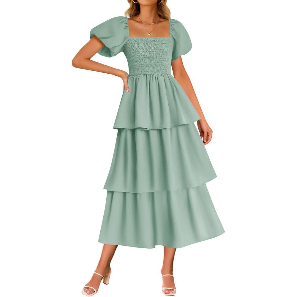 imageZESICA Womens Summer Puff Sleeve Midi Dress 2026 Casual Flowy A Line Tiered Wedding Guest Beach Vacation Long DressesSage