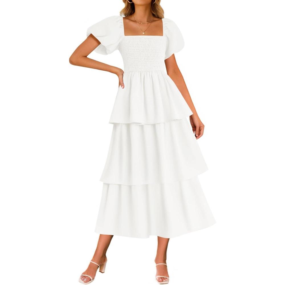 imageZESICA Womens Summer Puff Sleeve Midi Dress 2026 Casual Flowy A Line Tiered Wedding Guest Beach Vacation Long DressesWhite