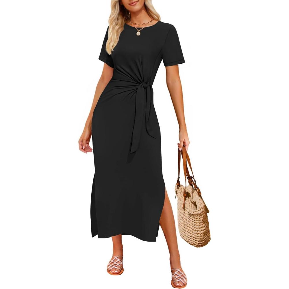 imageZESICA Womens Summer Short Sleeve Bodycon Midi Dresses 2026 Casual Crewneck Knit Wrap Tie Waist T Shirt Long DressBlack