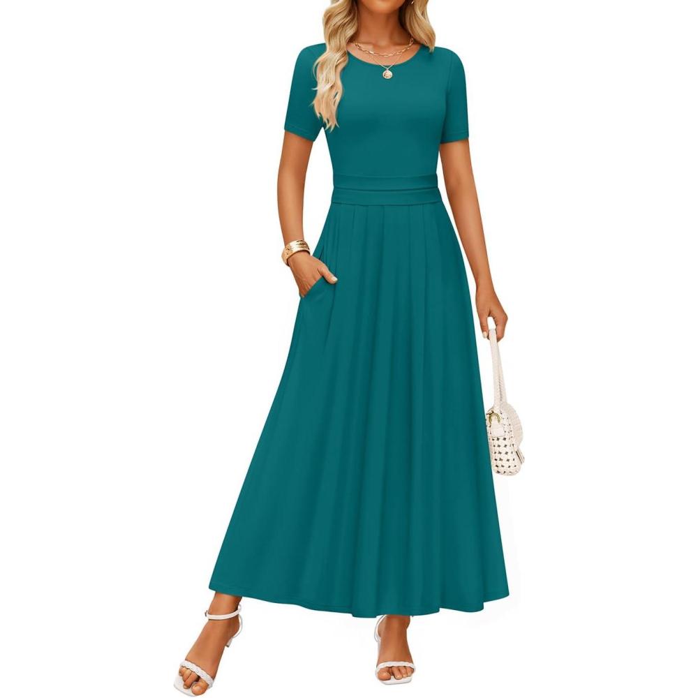 imageZESICA Womens Summer Short Sleeve Maxi Dress 2026 Casual Crewneck Pleated A Line Flowy Long Dresses with PocketsAqua