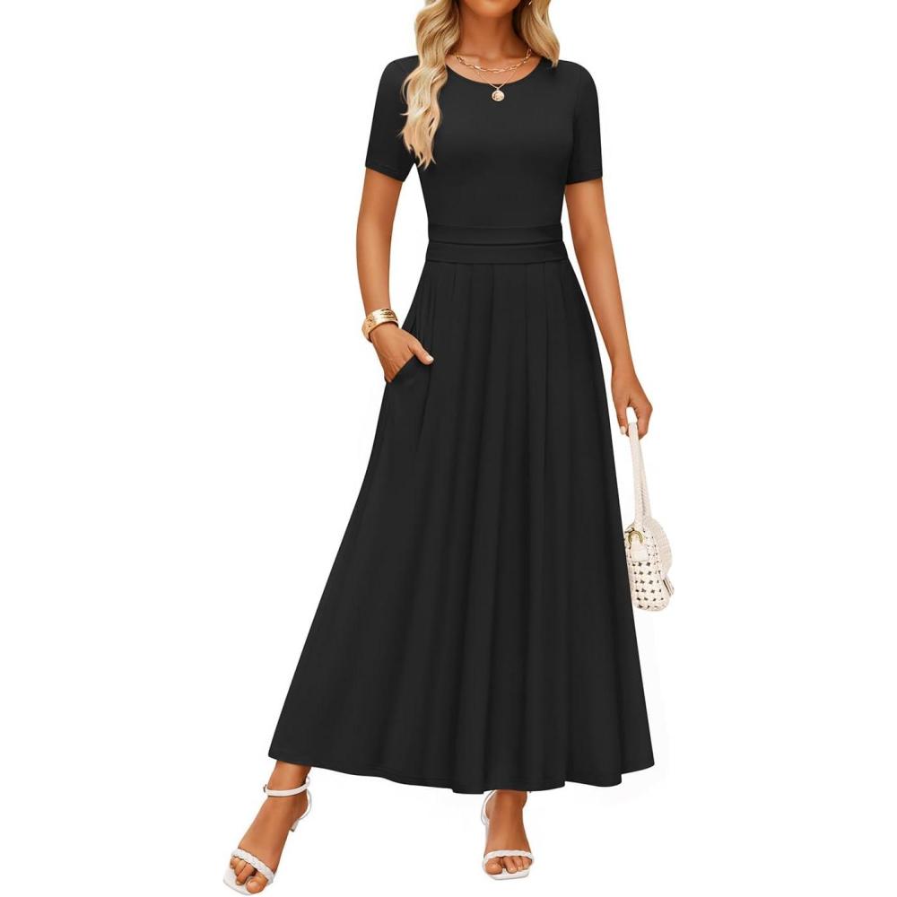 imageZESICA Womens Summer Short Sleeve Maxi Dress 2026 Casual Crewneck Pleated A Line Flowy Long Dresses with PocketsBlack