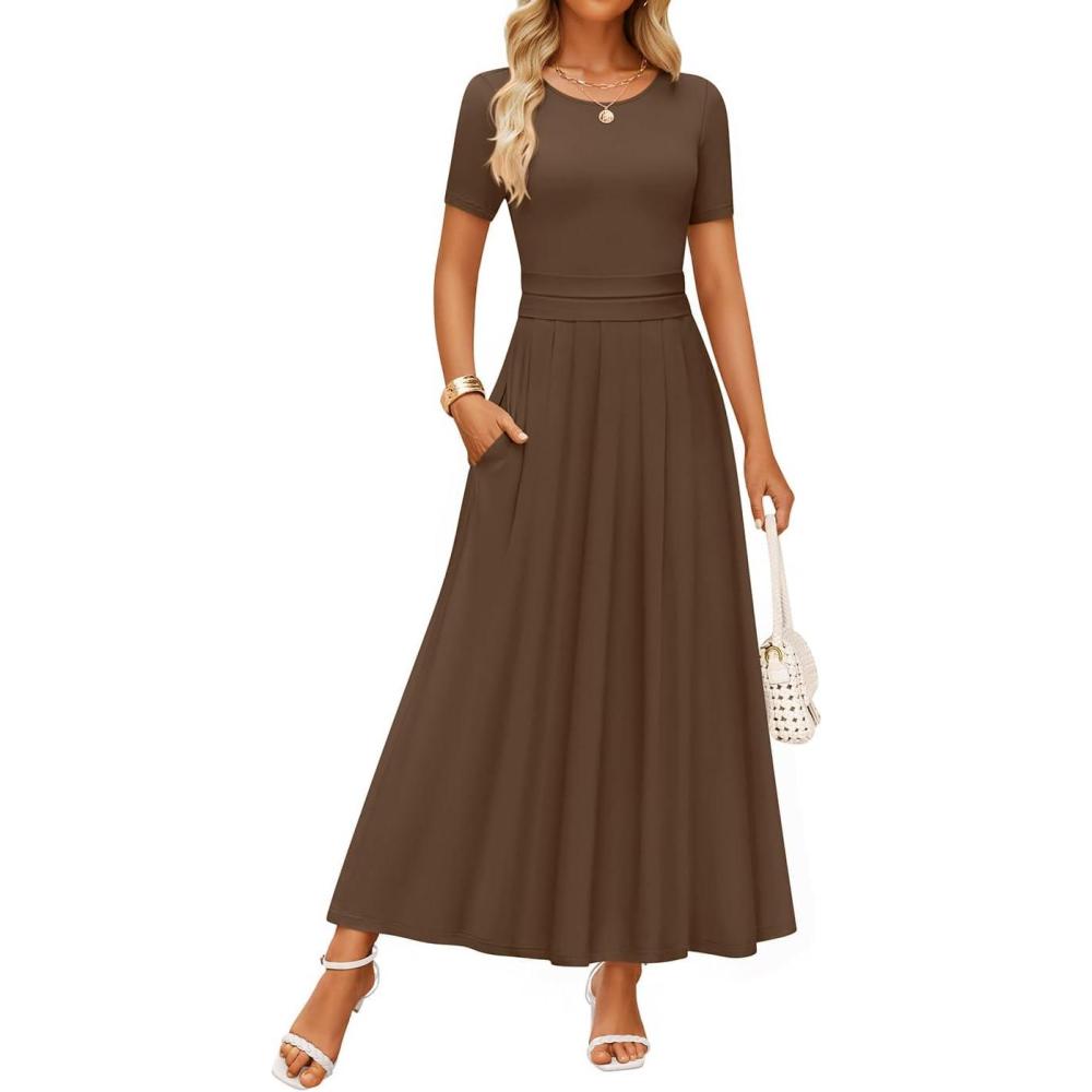 imageZESICA Womens Summer Short Sleeve Maxi Dress 2026 Casual Crewneck Pleated A Line Flowy Long Dresses with PocketsCoffee