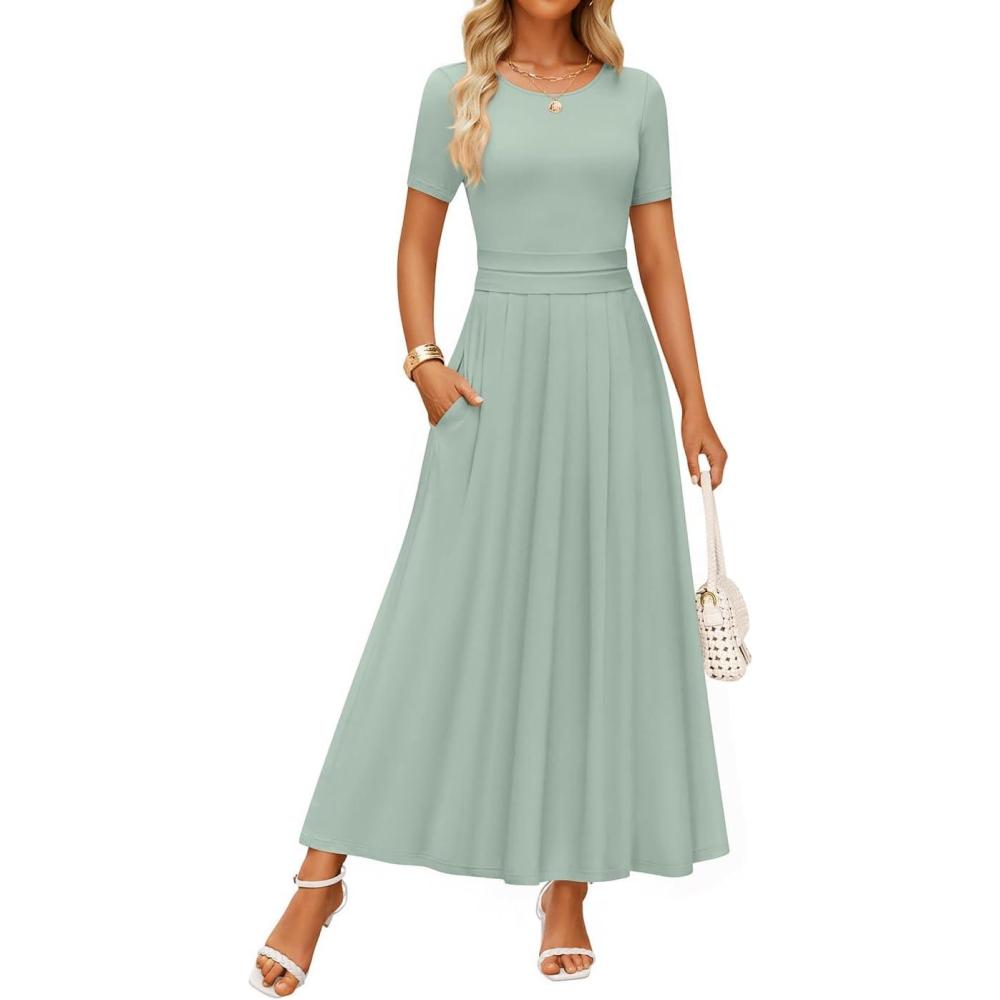 imageZESICA Womens Summer Short Sleeve Maxi Dress 2026 Casual Crewneck Pleated A Line Flowy Long Dresses with PocketsGreen
