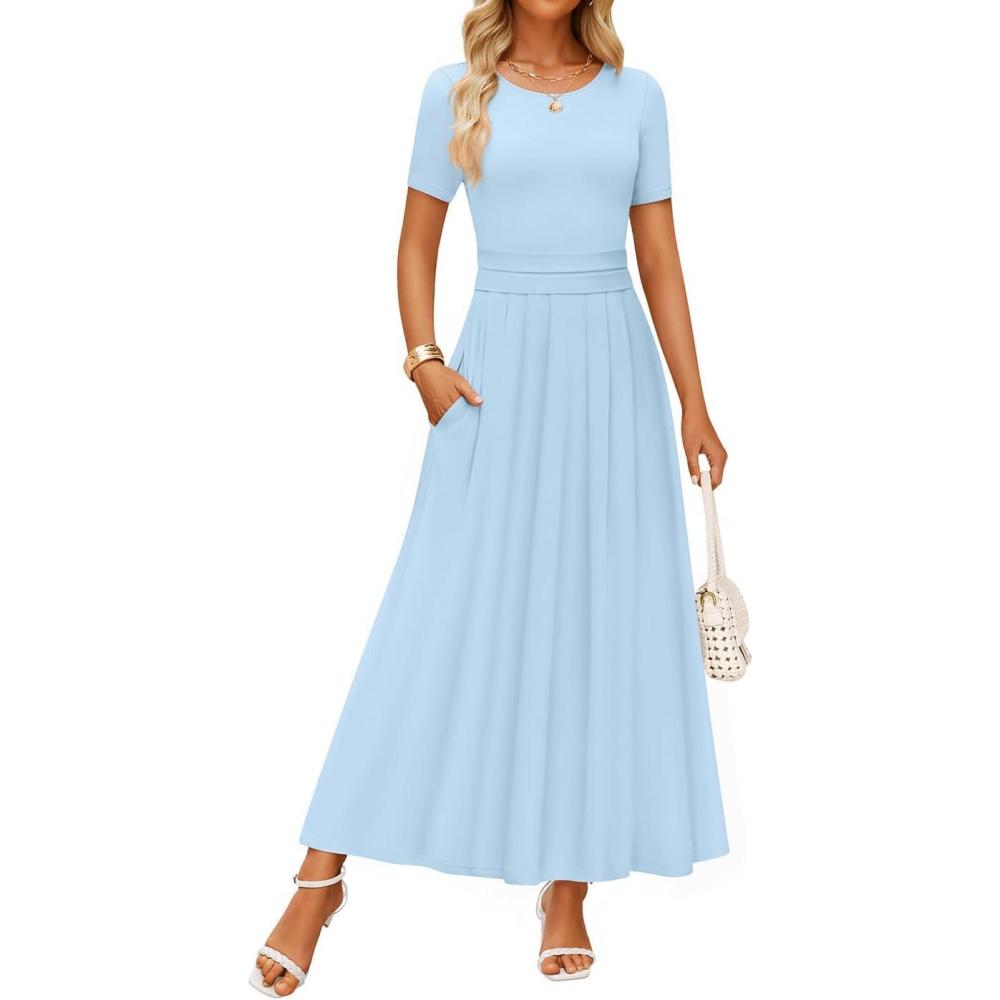 imageZESICA Womens Summer Short Sleeve Maxi Dress 2026 Casual Crewneck Pleated A Line Flowy Long Dresses with PocketsLight Blue