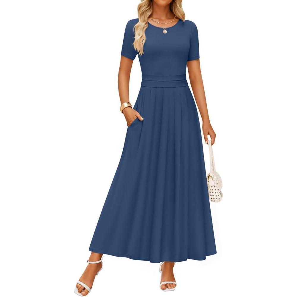 imageZESICA Womens Summer Short Sleeve Maxi Dress 2026 Casual Crewneck Pleated A Line Flowy Long Dresses with PocketsNavy