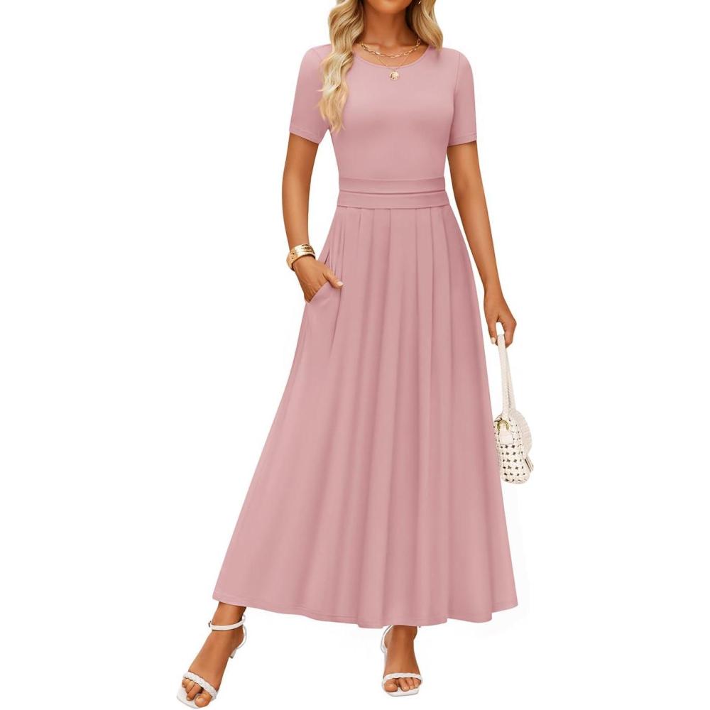imageZESICA Womens Summer Short Sleeve Maxi Dress 2026 Casual Crewneck Pleated A Line Flowy Long Dresses with PocketsPink