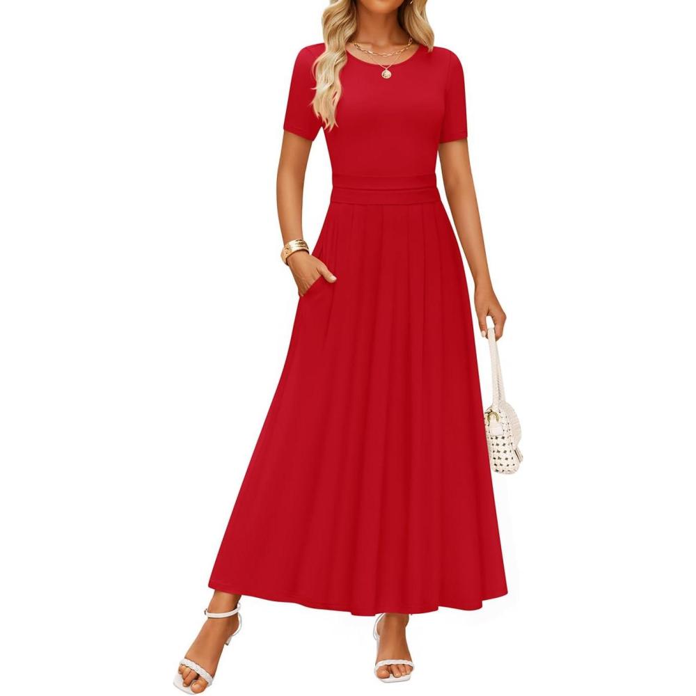 imageZESICA Womens Summer Short Sleeve Maxi Dress 2026 Casual Crewneck Pleated A Line Flowy Long Dresses with PocketsRed