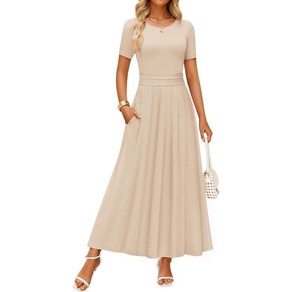 imageZESICA Womens Summer Short Sleeve Maxi Dress 2026 Casual Crewneck Pleated A Line Flowy Long Dresses with PocketsSandy
