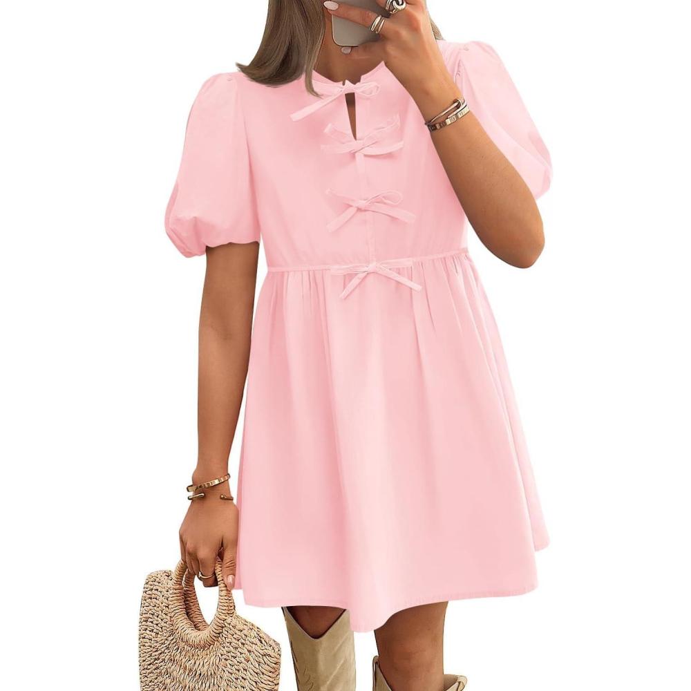 imageZESICA Womens Summer Short Sleeve Tie Front Mini Dress Cute Babydoll Ruffle Pleated A Line Tunic DressesPink