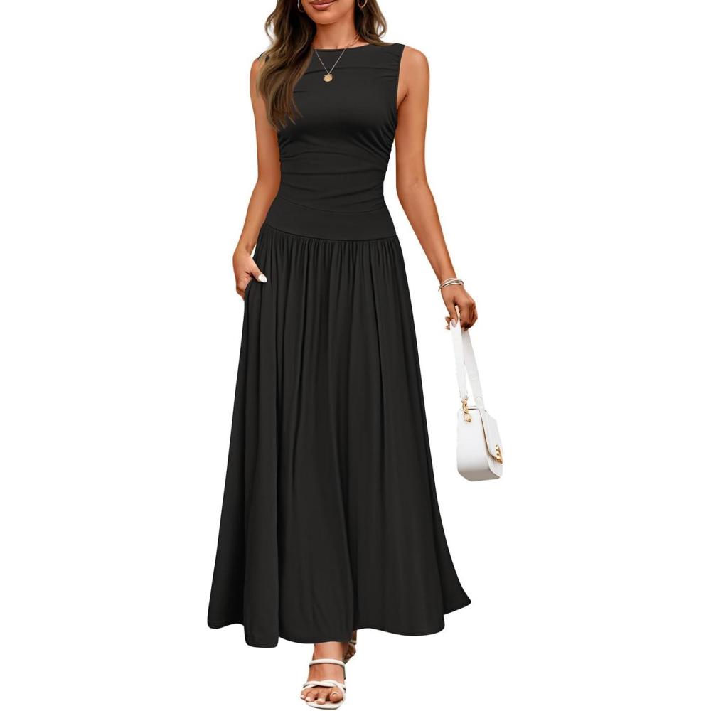 imageZESICA Womens Summer Sleeveless Maxi Dress 2026 Casual Crewneck Pleated Flowy Long Dress with PocketsBlack