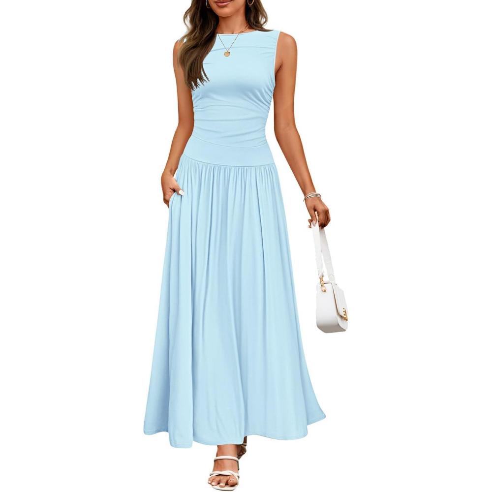 imageZESICA Womens Summer Sleeveless Maxi Dress 2026 Casual Crewneck Pleated Flowy Long Dress with PocketsBlue