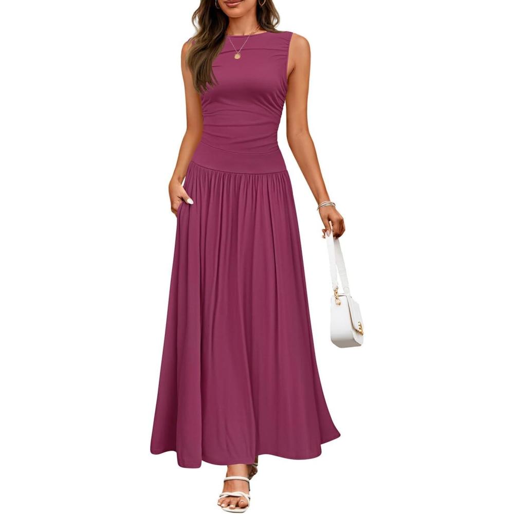 imageZESICA Womens Summer Sleeveless Maxi Dress 2026 Casual Crewneck Pleated Flowy Long Dress with PocketsPlum