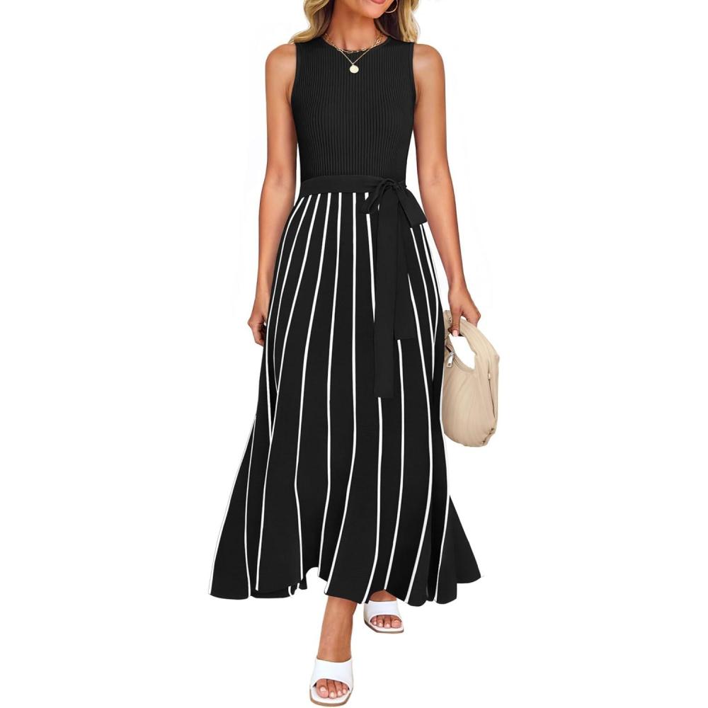 imageZESICA Womens Summer Sleeveless Maxi Dress 2026 Crewneck Ribbed Knit Tie Waist Casual A Line Sweater DressesBlack