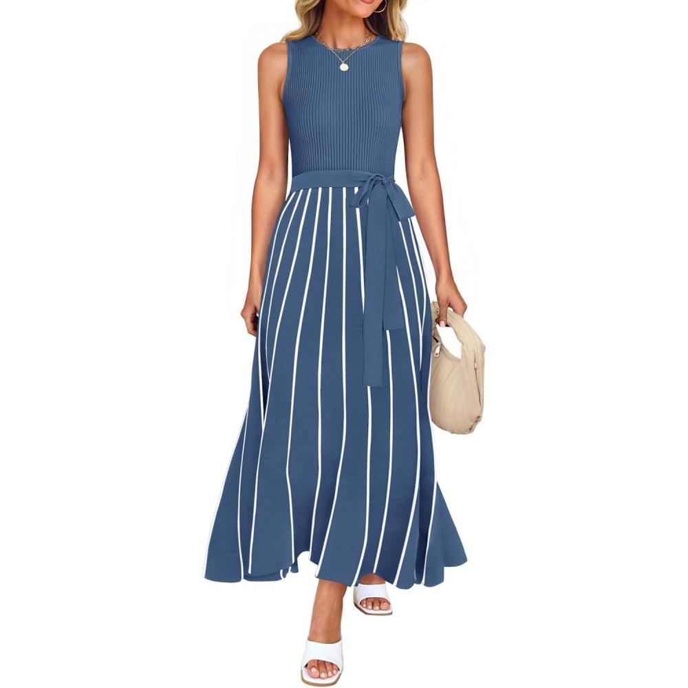 imageZESICA Womens Summer Sleeveless Maxi Dress 2026 Crewneck Ribbed Knit Tie Waist Casual A Line Sweater DressesDustyblue