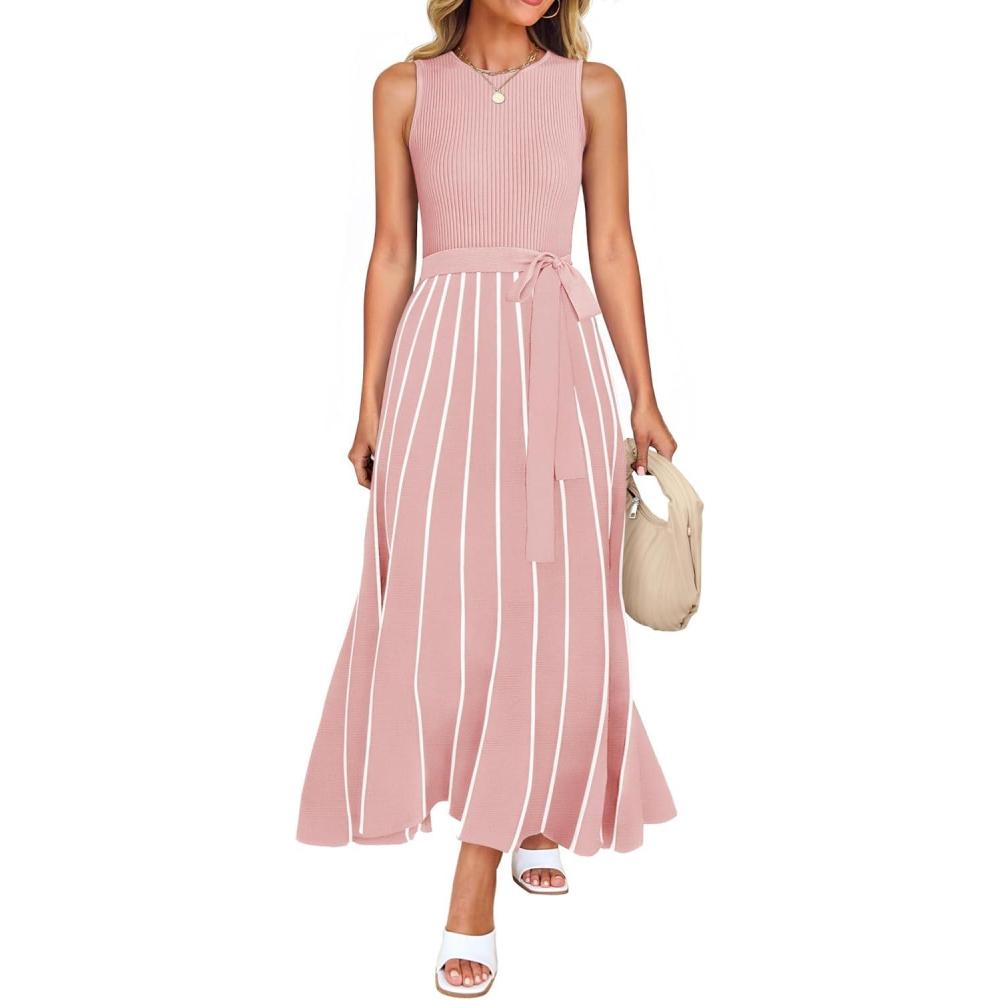 imageZESICA Womens Summer Sleeveless Maxi Dress 2026 Crewneck Ribbed Knit Tie Waist Casual A Line Sweater DressesDustypink