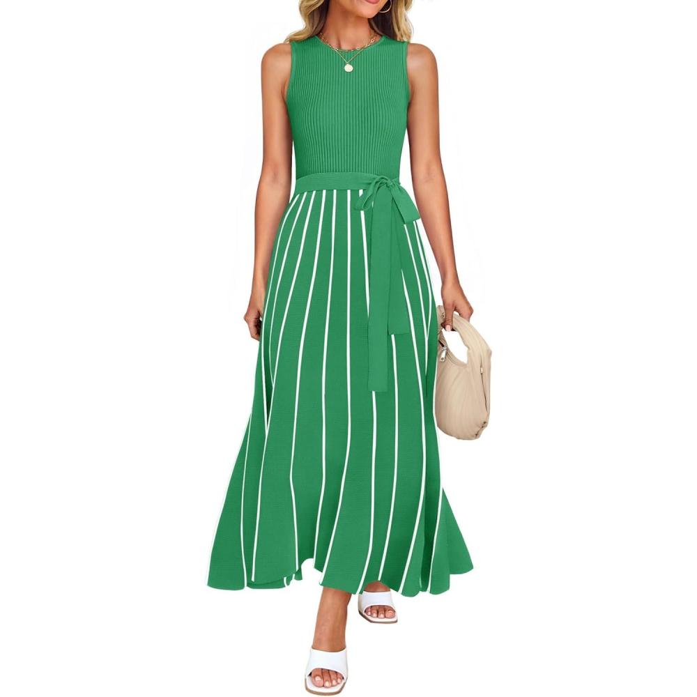imageZESICA Womens Summer Sleeveless Maxi Dress 2026 Crewneck Ribbed Knit Tie Waist Casual A Line Sweater DressesGreen