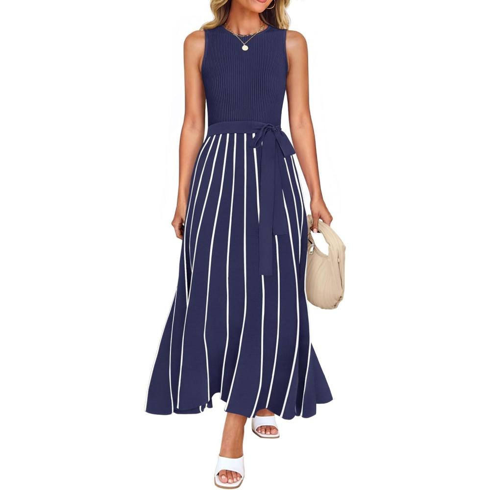 imageZESICA Womens Summer Sleeveless Maxi Dress 2026 Crewneck Ribbed Knit Tie Waist Casual A Line Sweater DressesNavy