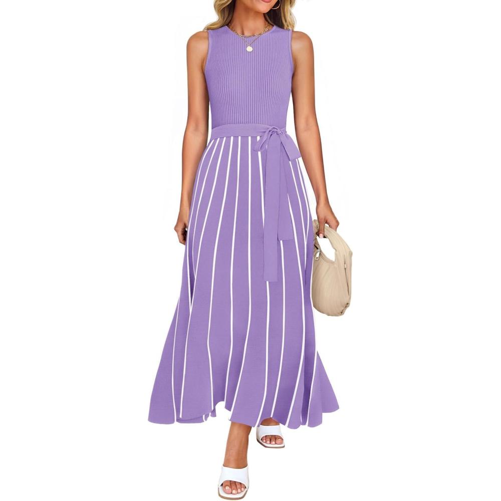 imageZESICA Womens Summer Sleeveless Maxi Dress 2026 Crewneck Ribbed Knit Tie Waist Casual A Line Sweater DressesPurple