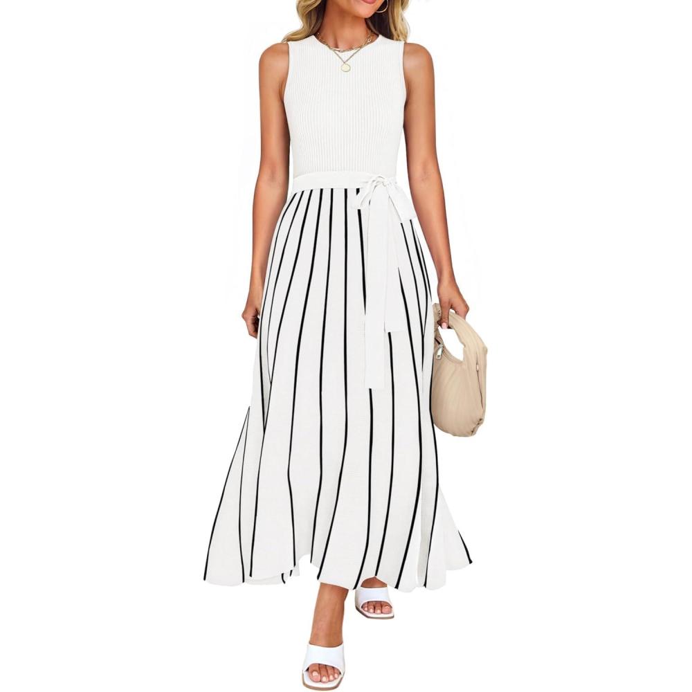 imageZESICA Womens Summer Sleeveless Maxi Dress 2026 Crewneck Ribbed Knit Tie Waist Casual A Line Sweater DressesWhite