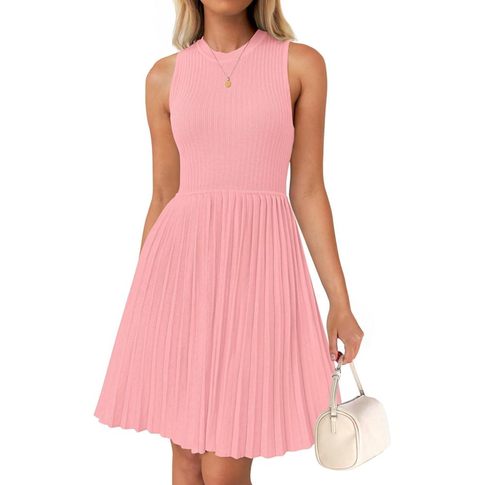 imageZESICA Womens Summer Sleeveless Mini Dress 2026 Crewneck Knit A Line Pleated Swing Casual Basic Short DressPink