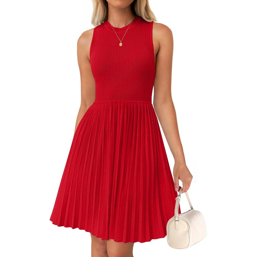 imageZESICA Womens Summer Sleeveless Mini Dress 2026 Crewneck Knit A Line Pleated Swing Casual Basic Short DressRed