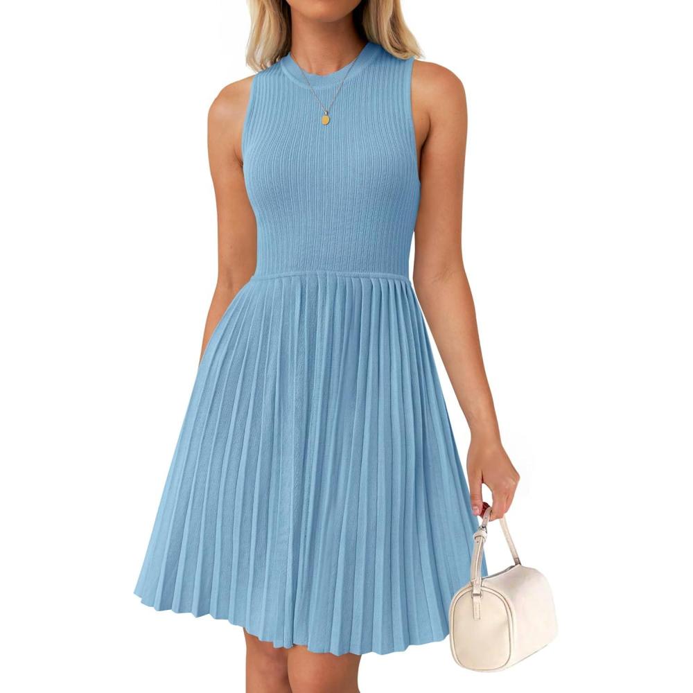 imageZESICA Womens Summer Sleeveless Mini Dress 2026 Crewneck Knit A Line Pleated Swing Casual Basic Short DressSky
