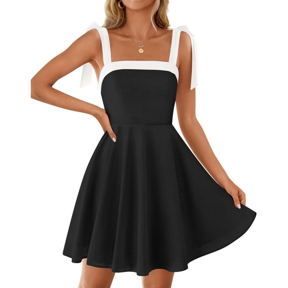 imageZESICA Womens Summer Sleeveless Mini Dress Tie Shoulder Square Neck High Waist Swing A Line Short SundressesBlack