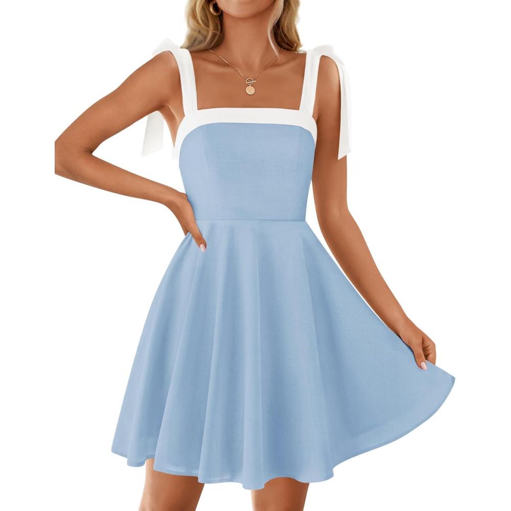 imageZESICA Womens Summer Sleeveless Mini Dress Tie Shoulder Square Neck High Waist Swing A Line Short SundressesLightblue