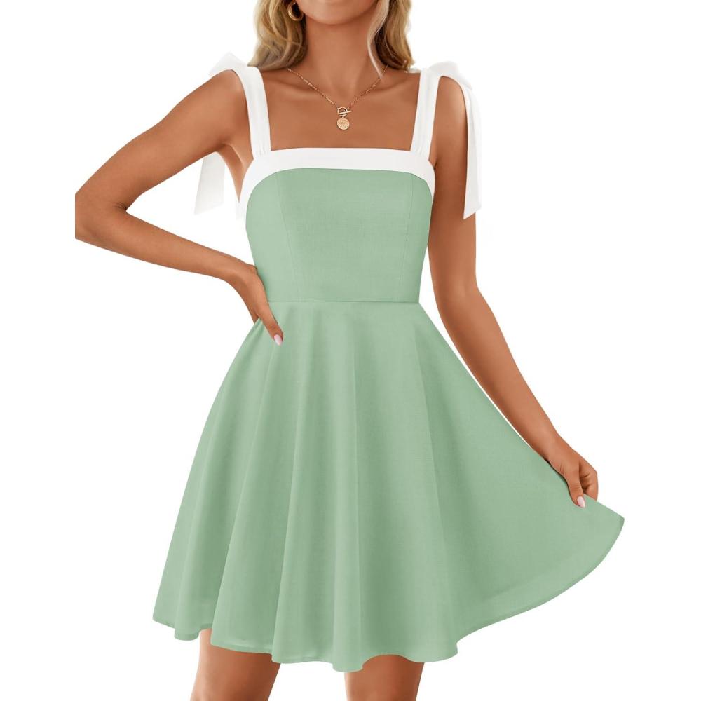 imageZESICA Womens Summer Sleeveless Mini Dress Tie Shoulder Square Neck High Waist Swing A Line Short SundressesLightgreen